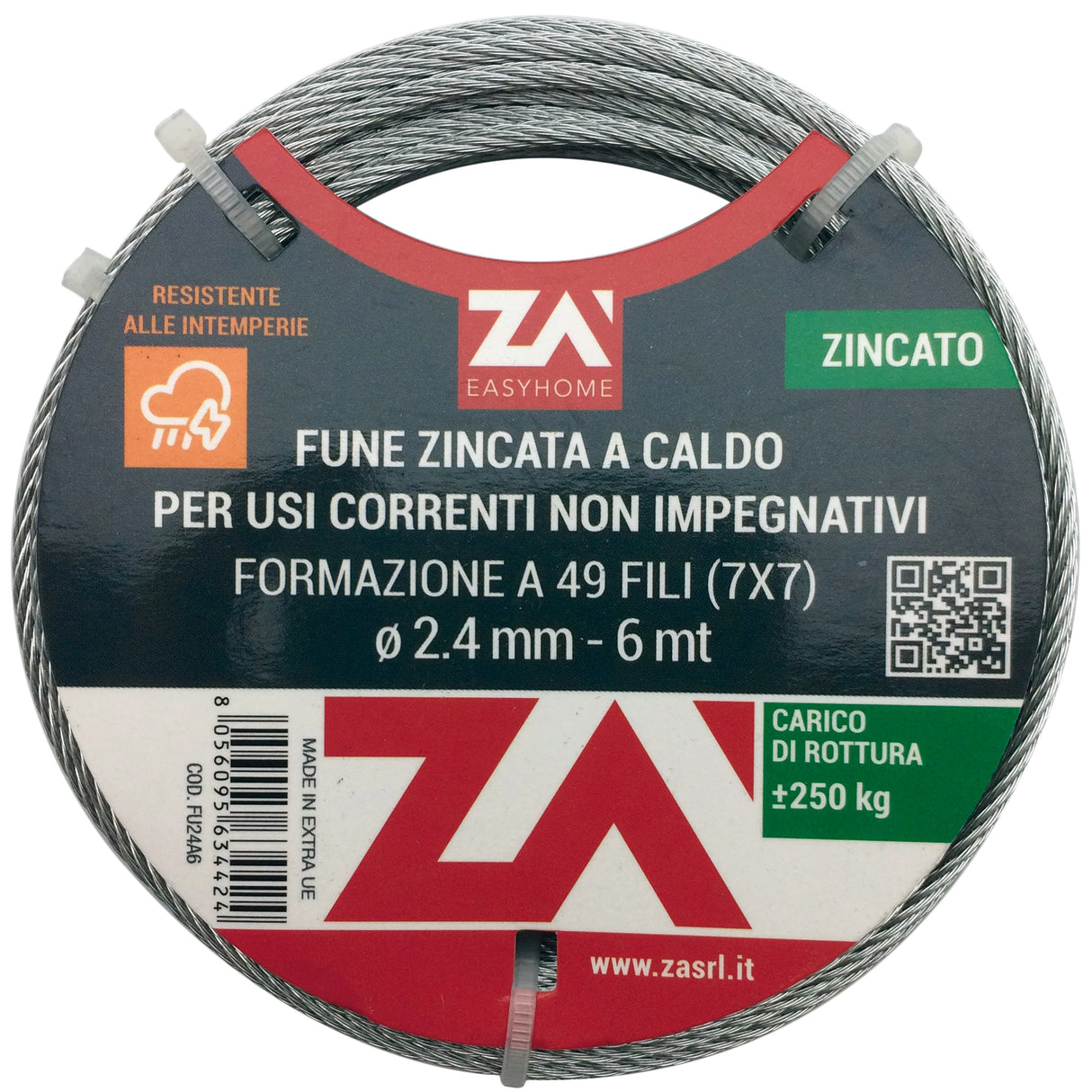 Cavetto acciaio zincato antigiro 133f d 4 25 m
