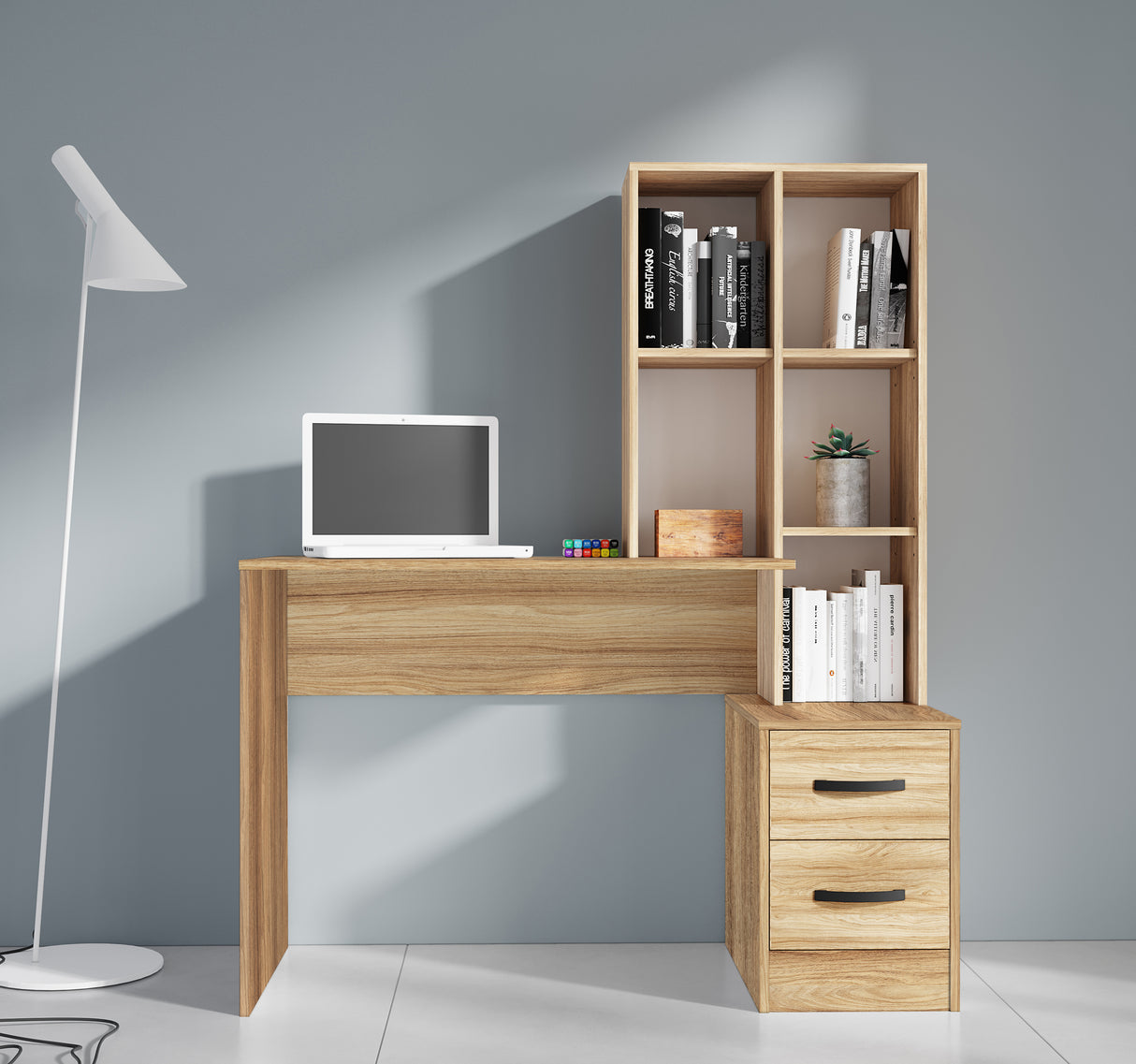 Kit scrivania 2 cassetti + libreria 117x50x143 rovere bar.