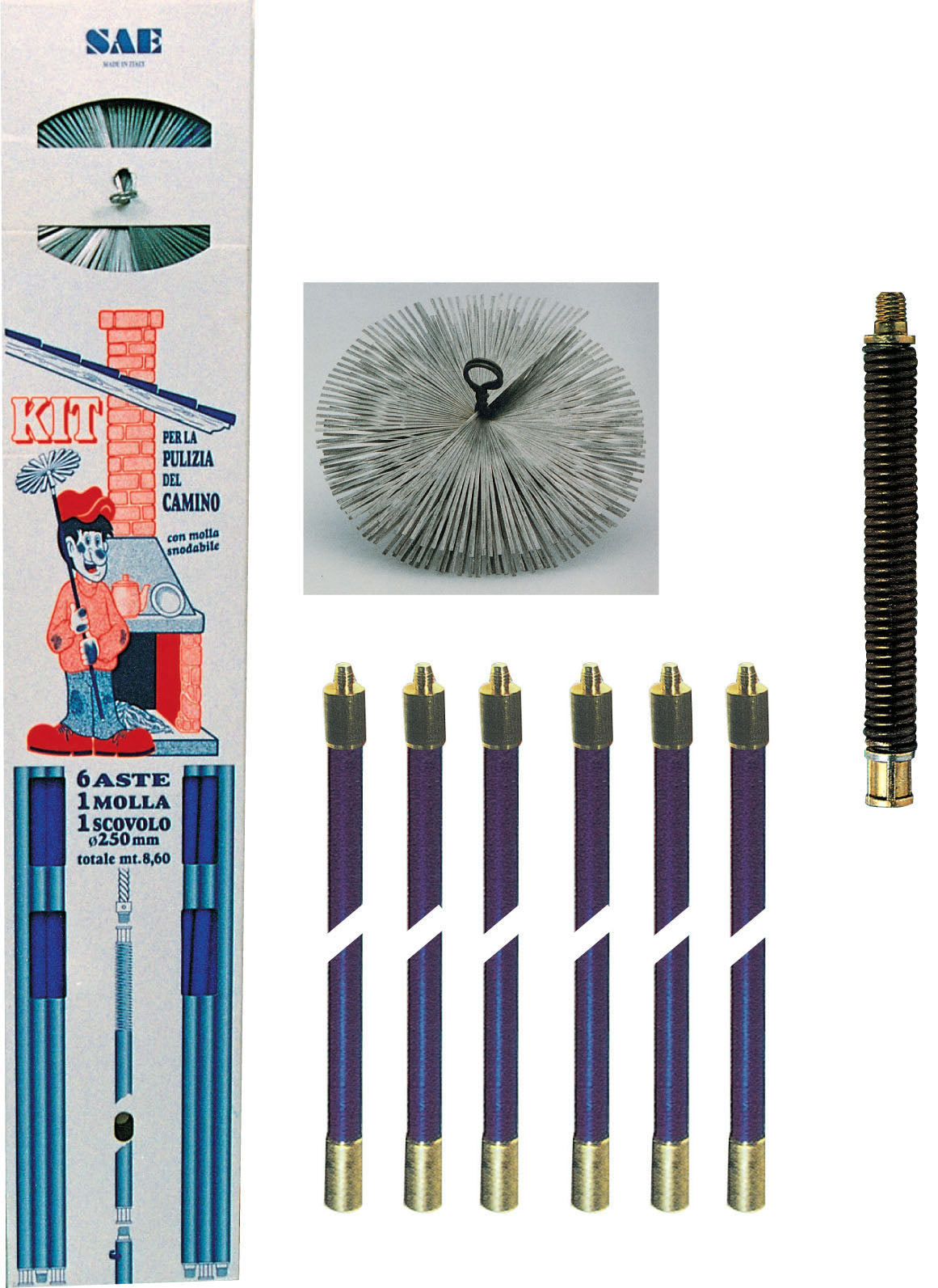Kit spazzacamino aste 8,60 m+molla+scovolo d 25 cm