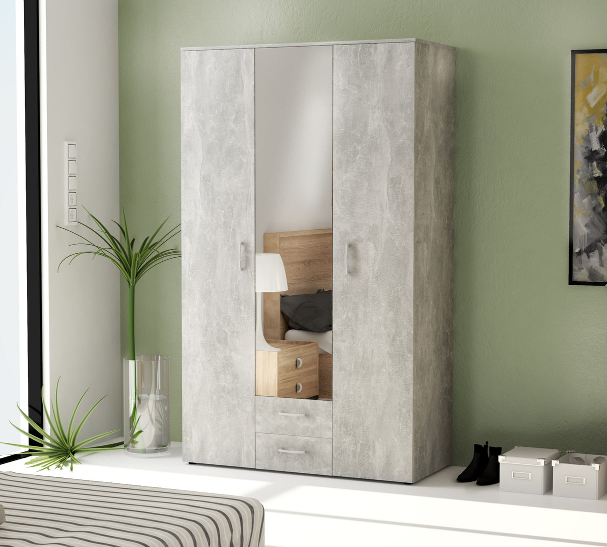 Kit armadio 3 ante + 2 cassetti specchio 121x54x200 cem. k4298