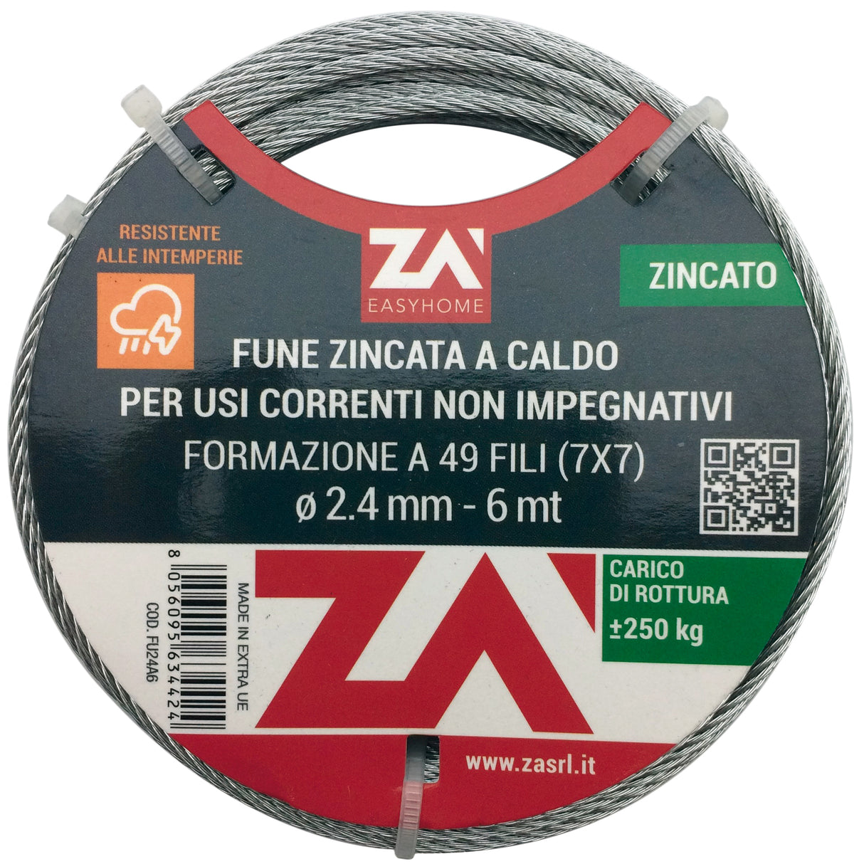 Cavetto acciaio zincato antigiro 133f d 6   25 m