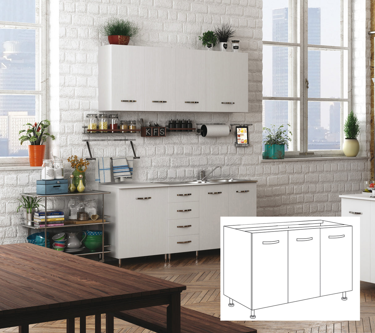 Kit cucina base 3 ante 120x50xh85 cm senza levello bianco