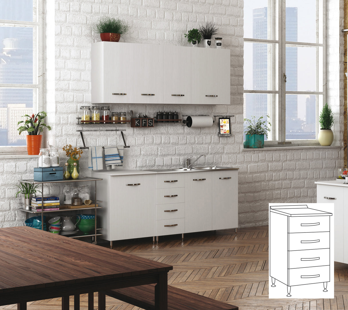 Kit cucina base 4 cassetti 40x50xh85 cm bianco